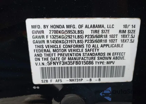 2015 Honda Pilot Se z USA, uszkodzony, nr VIN 5FNYF3H35FB015086